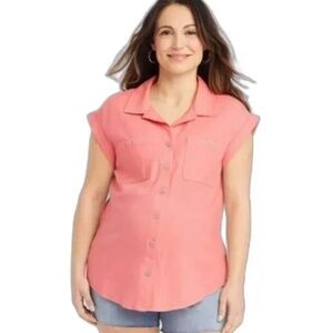 NEW! Women’s Isabel Short Sleeve Linen Maternity Button-Up Shirt Coral Size XL